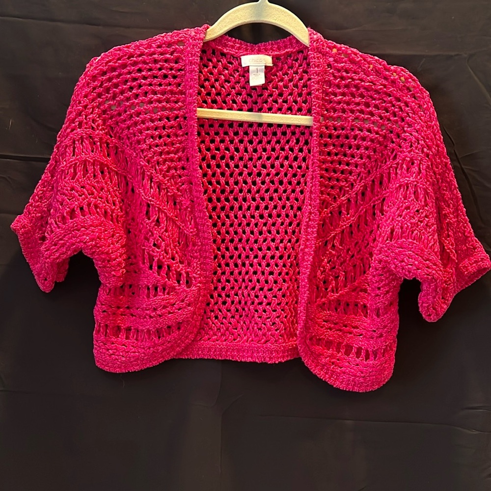 Chico's Women’s Jade Open Weave Cropped Cardigan Summer Berry
